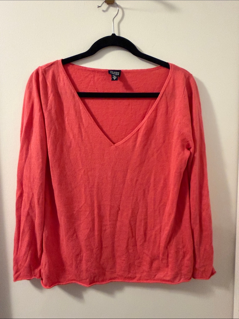 VTG Eileen Fisher Coral V-Neck Long Sleeve Linen Blend Slub knit Sweater Sz Sm